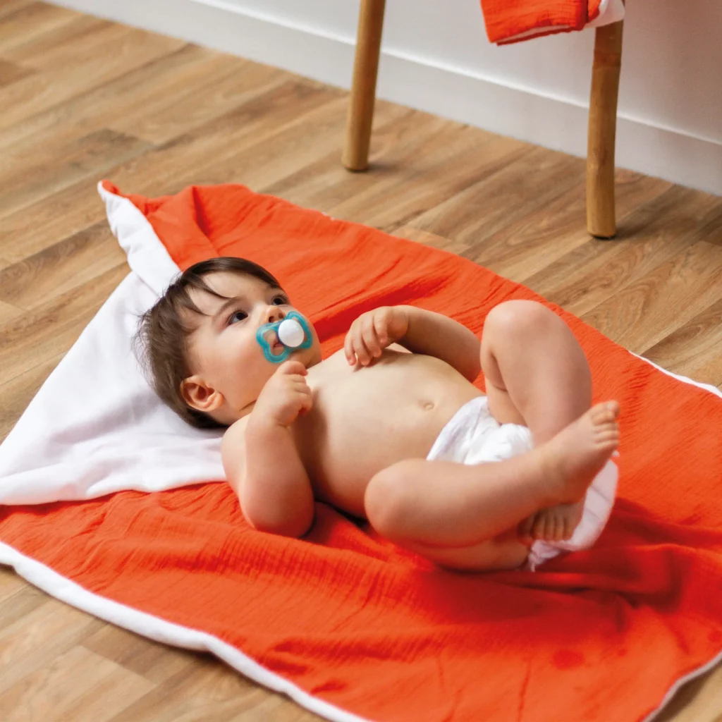 Enfant couché sur un plaid orange