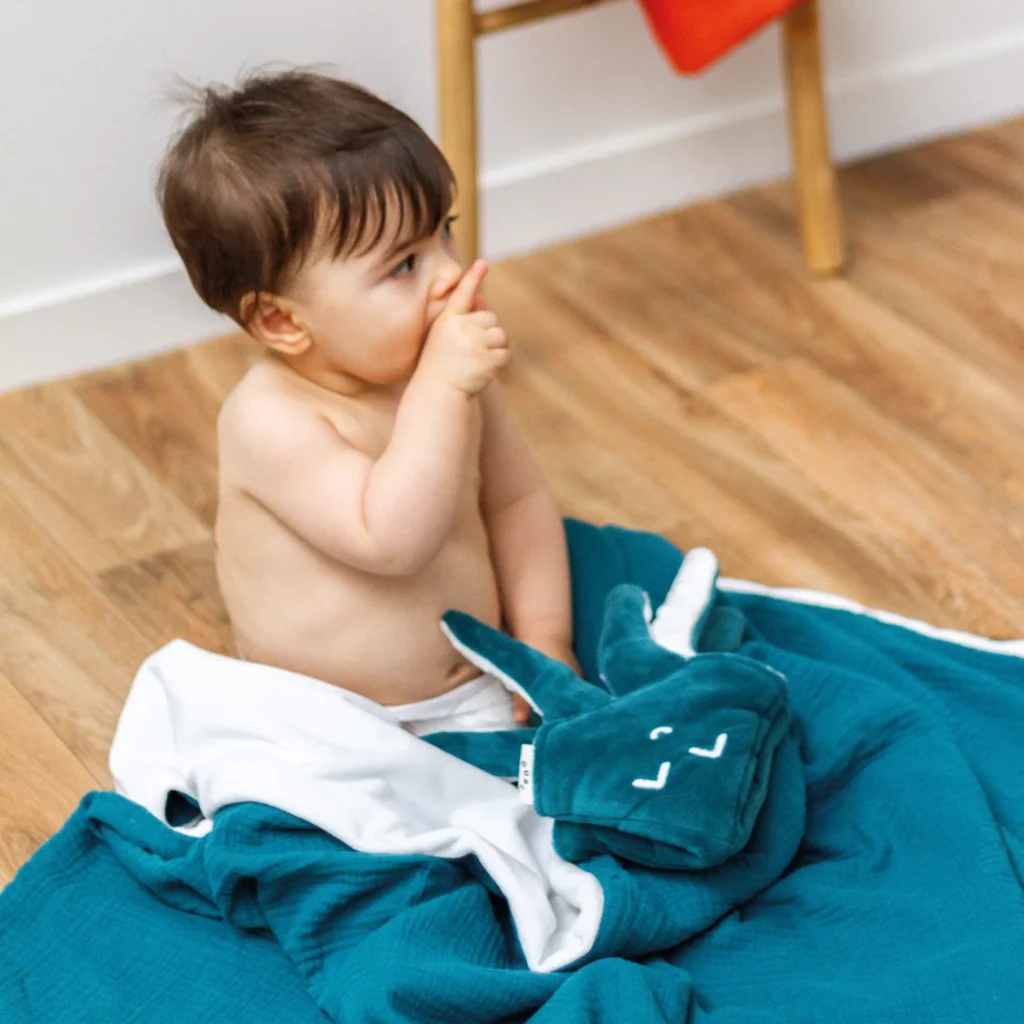 Enfant assis sur un plaid bleu tenant une peluche Toupli