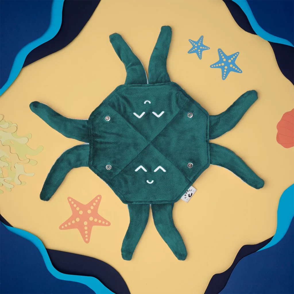 Présentation de la peluche bleu évolutive décomposé de la marque Made in france